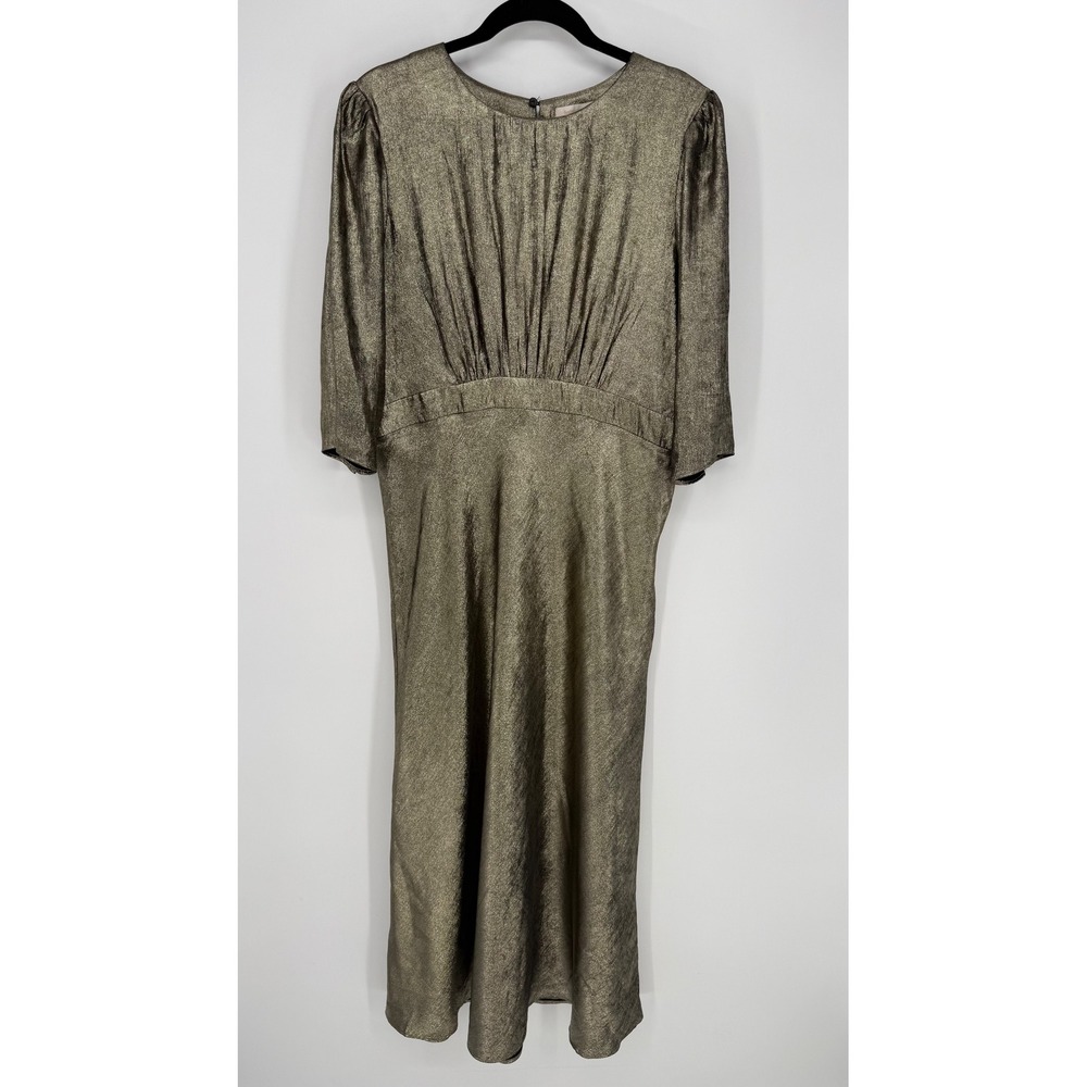 FEATHER & BONE LONDON METALLIC GOLD MIDI DRESS LARGE EMPIRE WAIST COCKTAIL PARTY